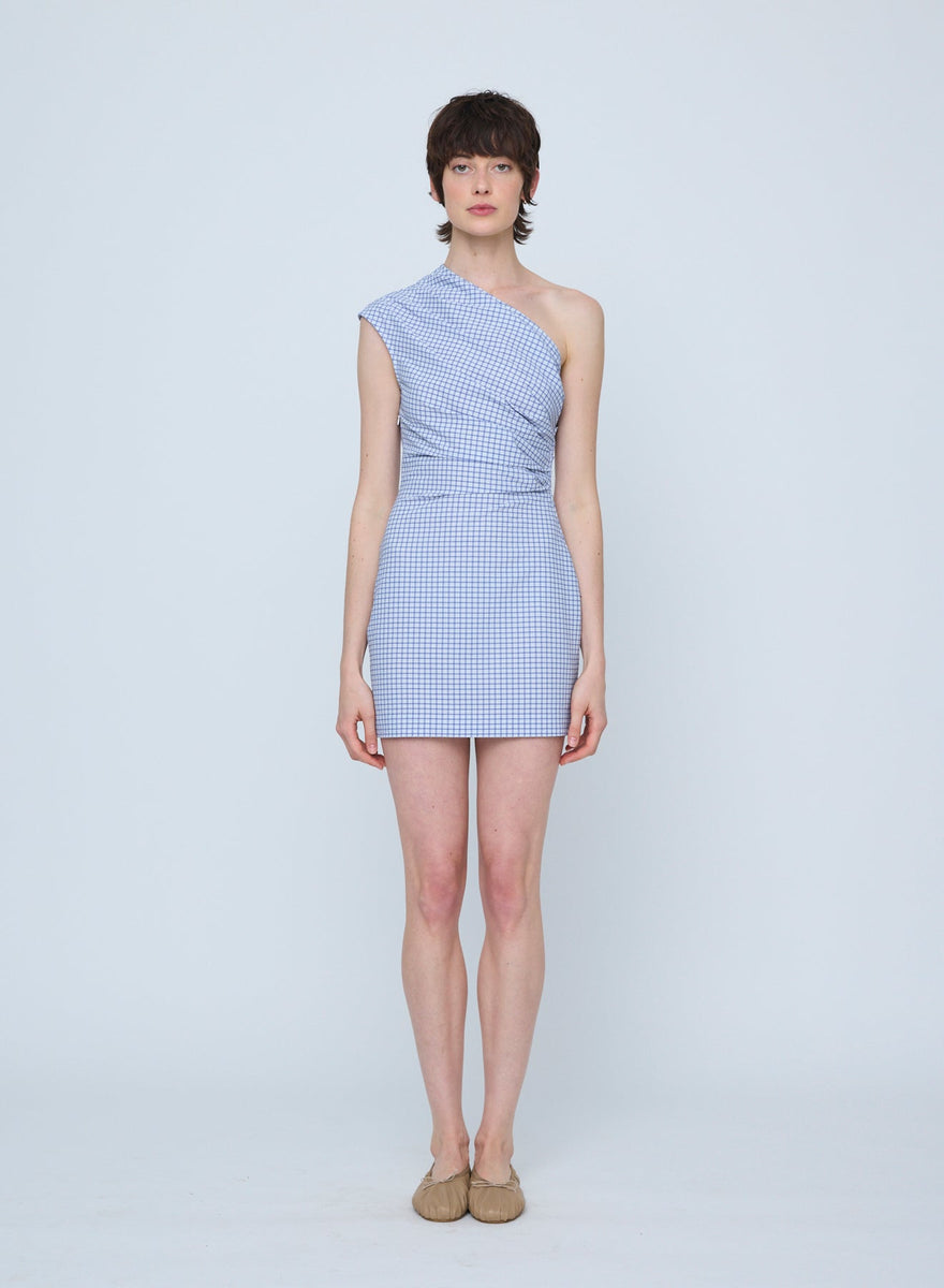 【関税込み】WYNN HAMLYN ブルー Ruby ミニドレス Wynn Hamlyn Ruby One Shoulder Mini Dress - Blue Gingham