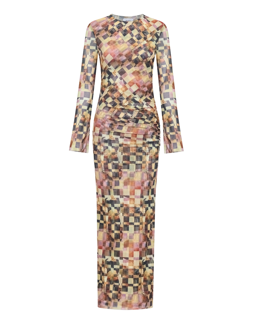 The Clara Mesh Dress – A Romy staple updated with side gathering, back split, and bell sleeves. Double-layered for a sculpted fit. Artwork by Phoebe Wills.