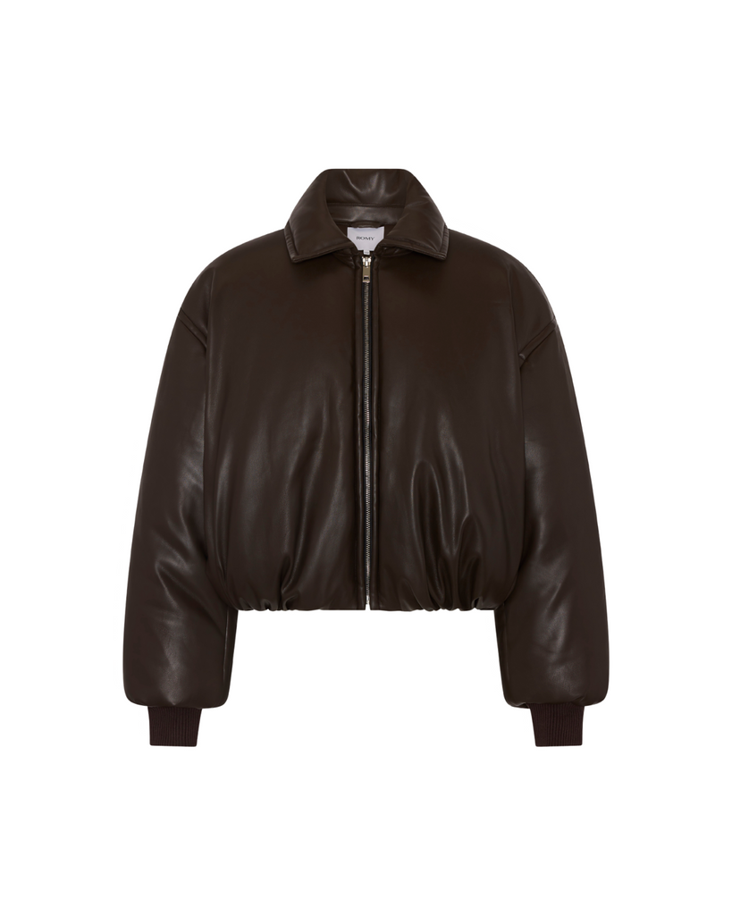 Stay warm and stylish in our chocolate brown, vegan leather Padded Bomber Jacket. Crafted with a super soft feel, gathered hem, and ribbed knit cuffs... it's a must-have. Shop now!