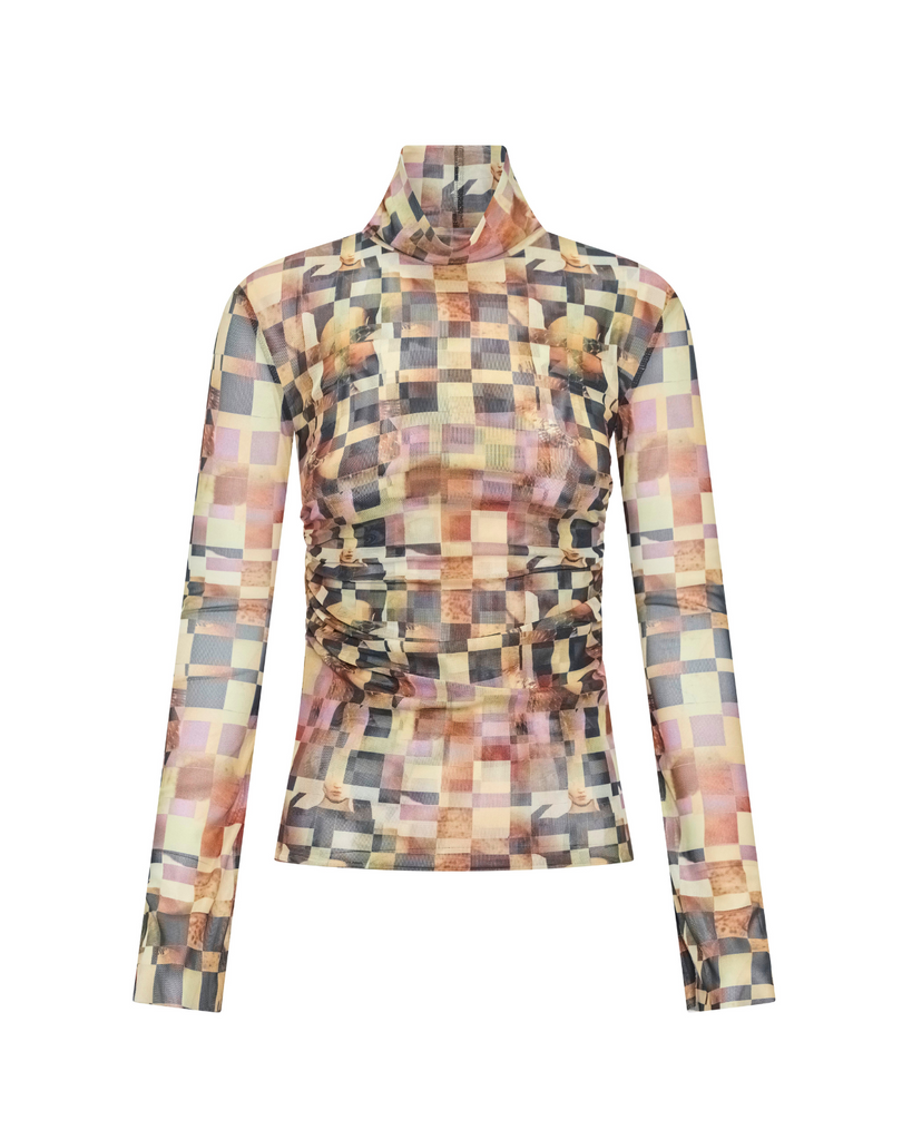 The Blake Top – Double-layer mesh funnel neck with side seam gathering to flatter the form, bell sleeves, and exclusive artwork by Phoebe Wills.