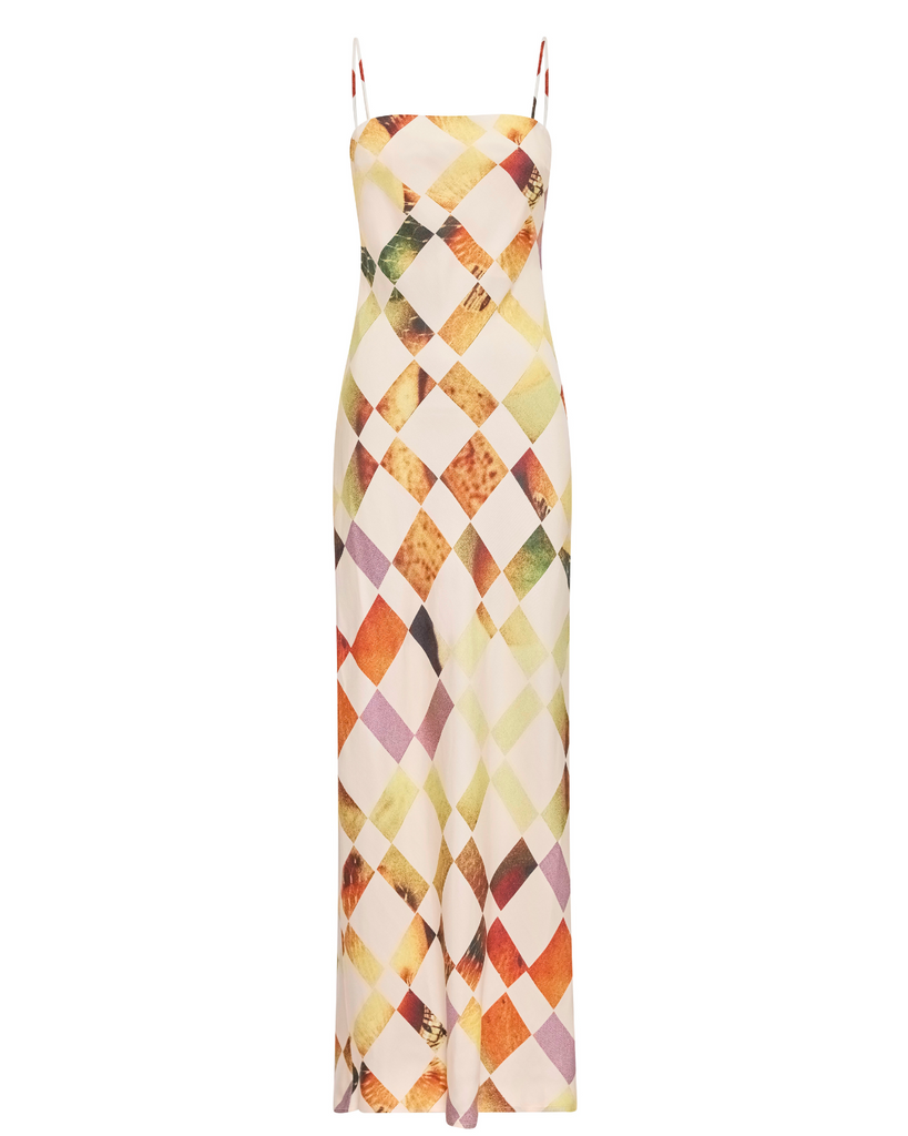 The Rochelle Dress – A sleek column silhouette with a straight neckline, rouleau straps, and internal bustier support. Features exclusive artwork by Phoebe Willis. Shop now!