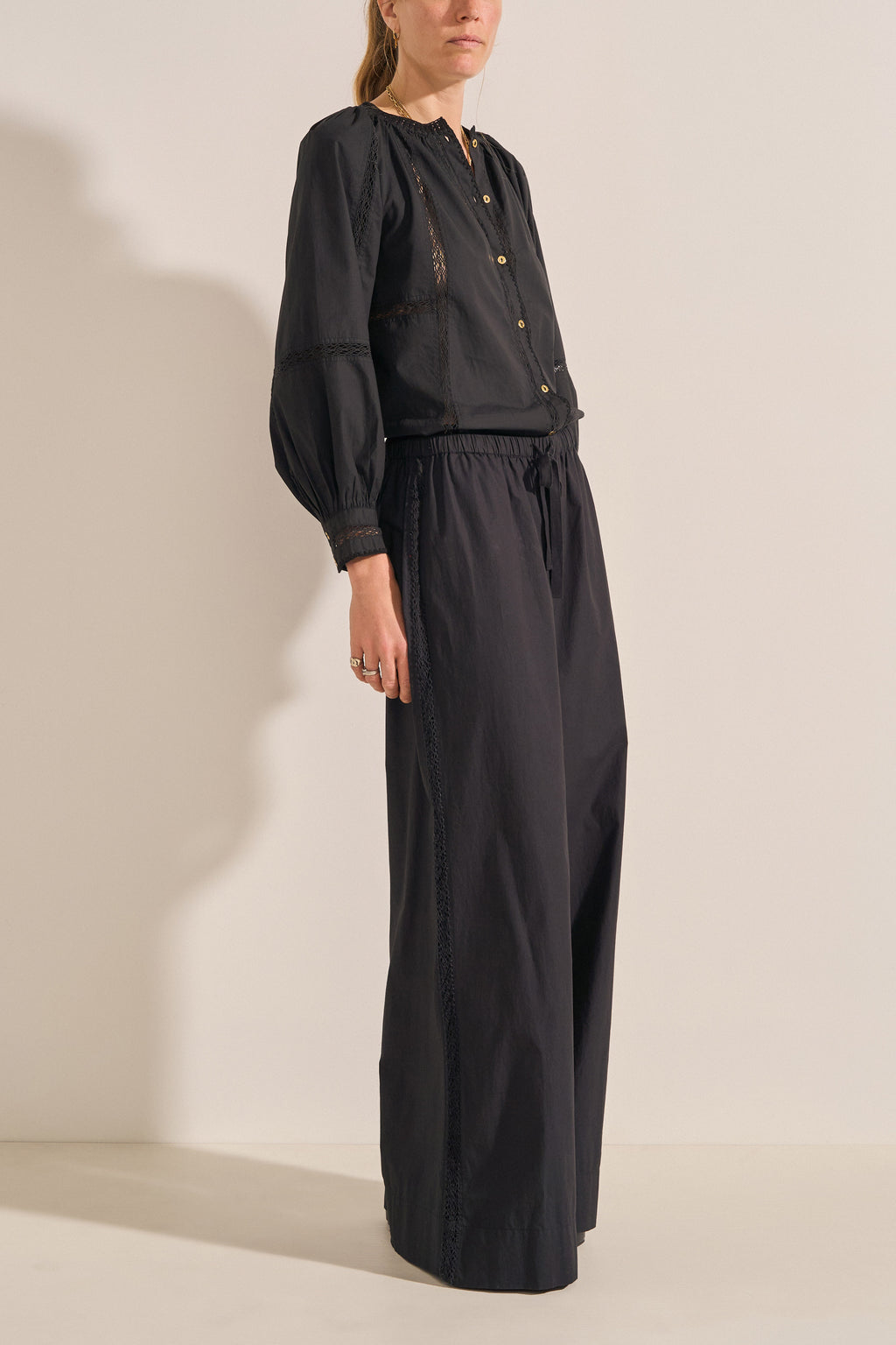 Pelias Black Crochet Poplin Pants