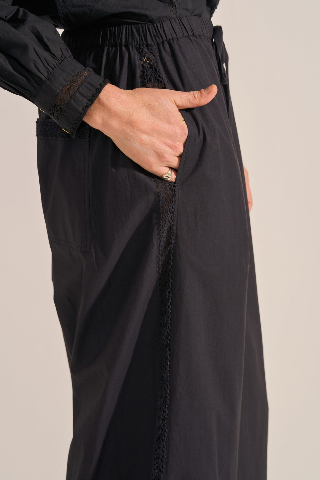 Pelias Black Crochet Poplin Pants