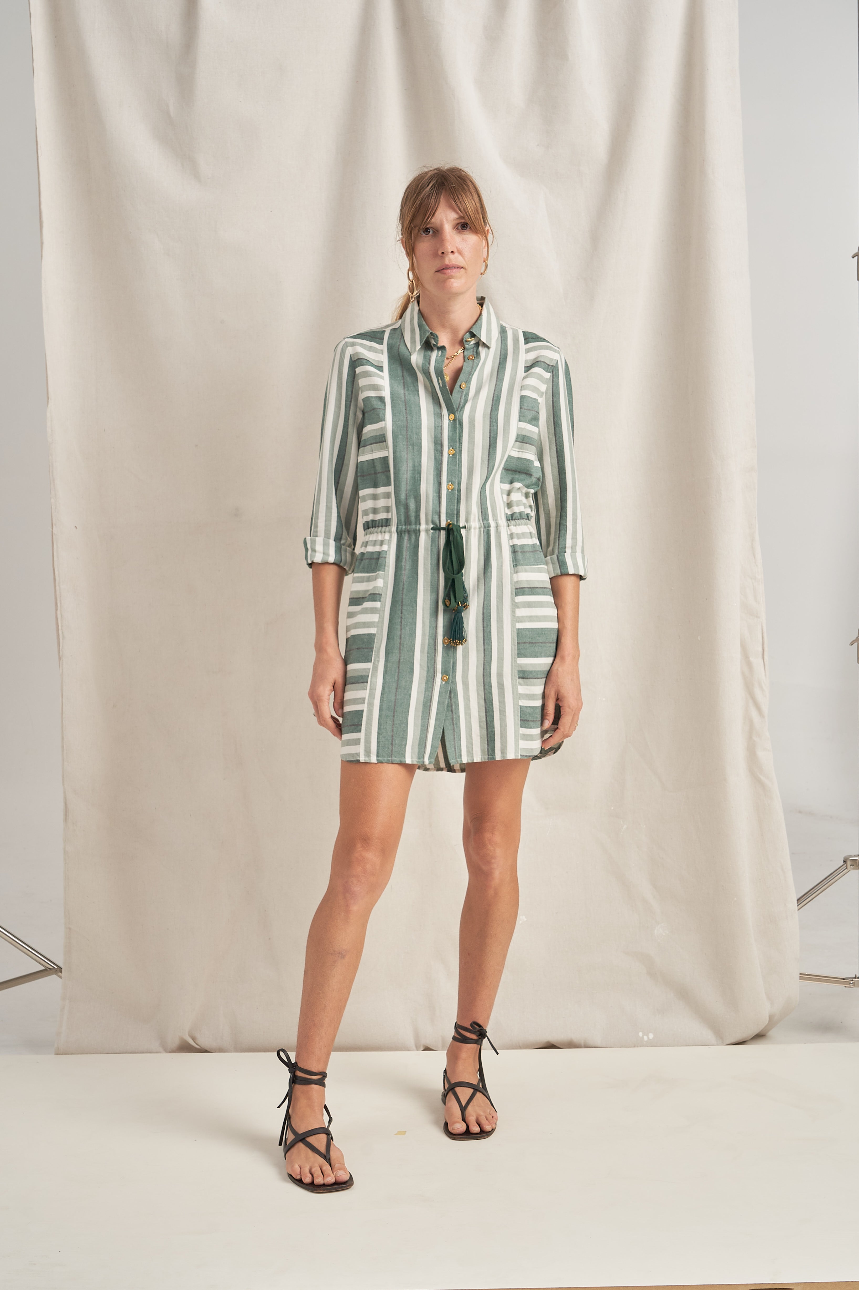 Leto Green Cyprus Stripe Shirtdress