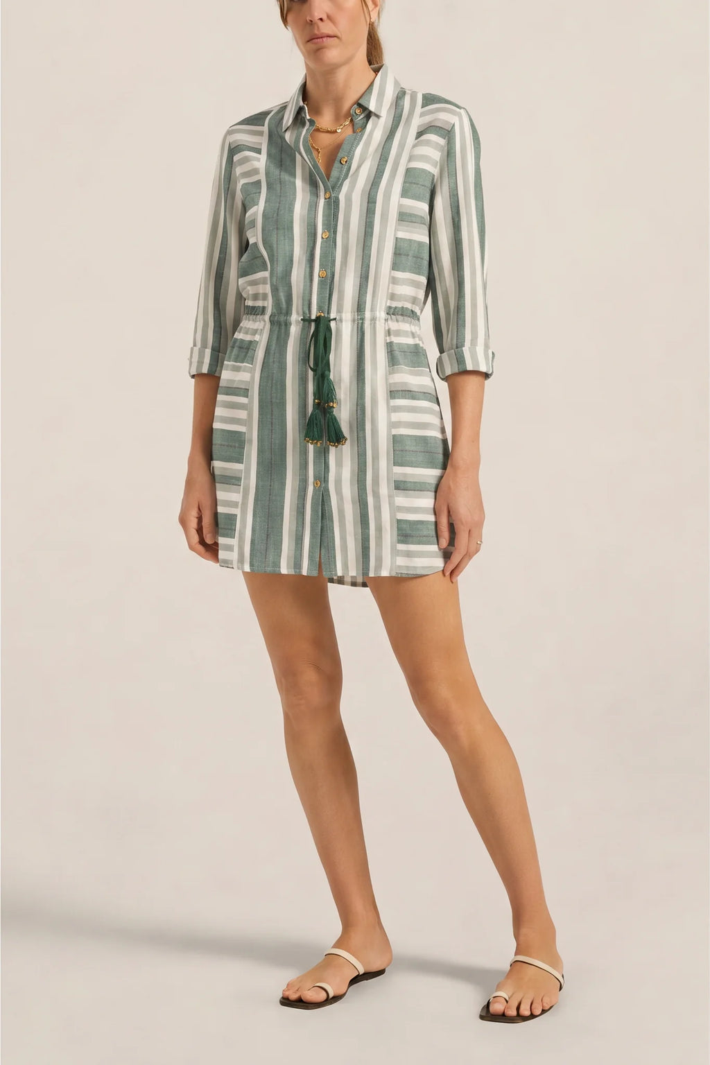 Leto Green Cyprus Stripe Shirtdress