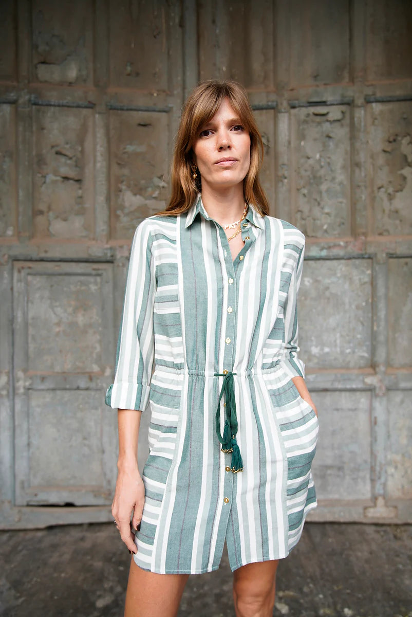 Leto Green Cyprus Stripe Shirtdress