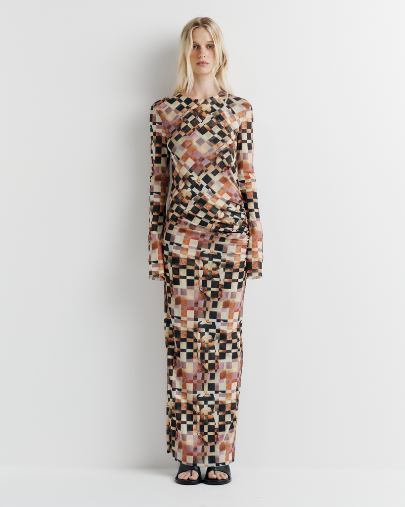The Clara Mesh Dress – A Romy staple updated with side gathering, back split, and bell sleeves. Double-layered for a sculpted fit. Artwork by Phoebe Wills.