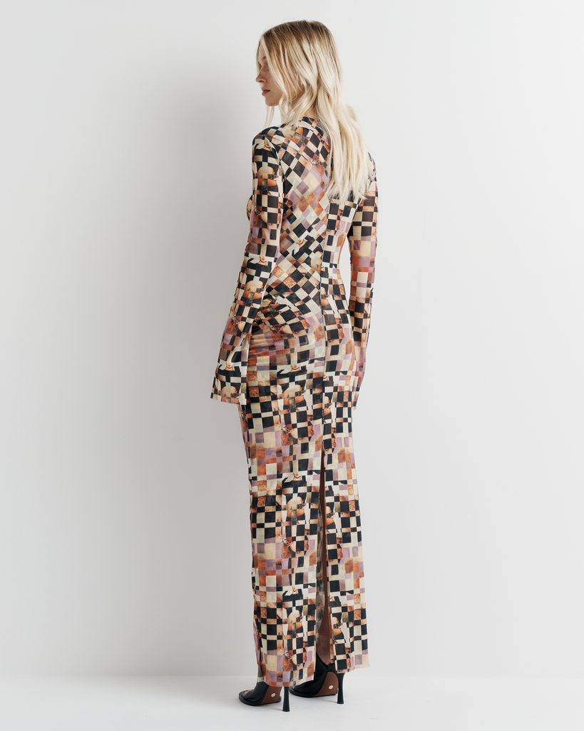 The Clara Mesh Dress – A Romy staple updated with side gathering, back split, and bell sleeves. Double-layered for a sculpted fit. Artwork by Phoebe Wills.