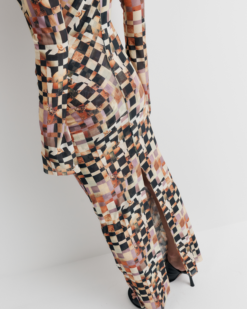 The Clara Mesh Dress – A Romy staple updated with side gathering, back split, and bell sleeves. Double-layered for a sculpted fit. Artwork by Phoebe Wills.