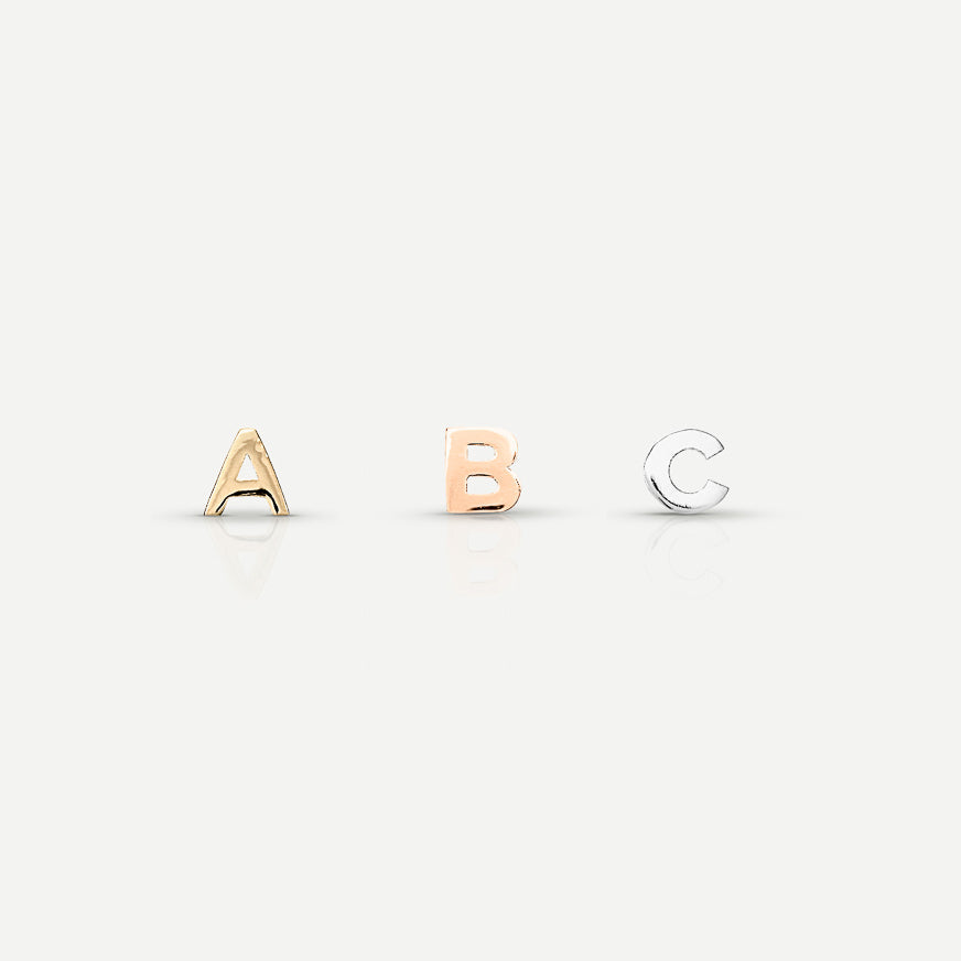 Gold, rose gold, and silver alphabet letters A, B, and C on a white background, reflecting luxury jewellery design.[text overlay: Yellow Gold (left), Rose Gold (middle) and White Gold (right)] [text colour: #000000]
