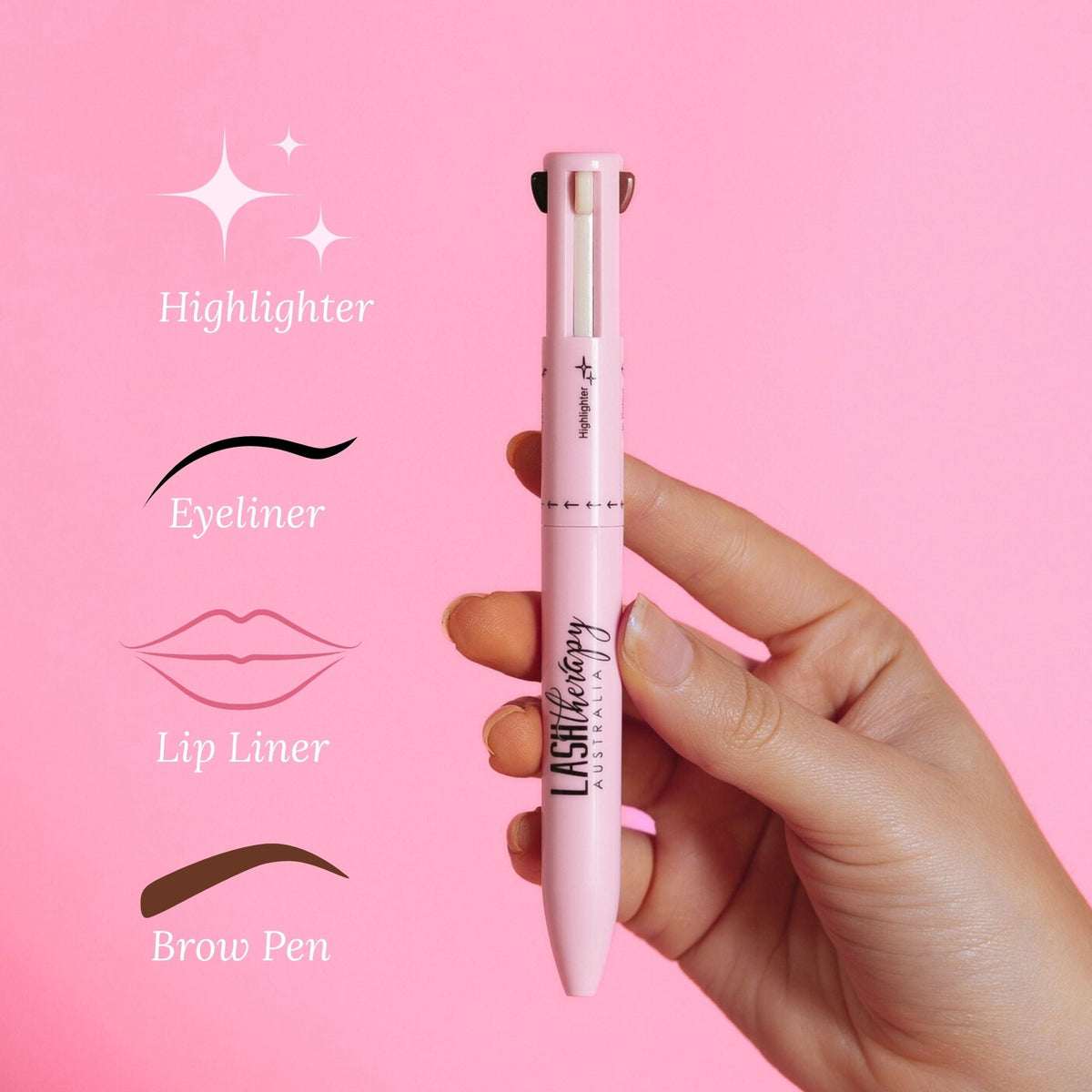 Lash Therapy Australia 4-in-1 makeup pen featuring highlighter, eyeliner, lip liner and brow pen