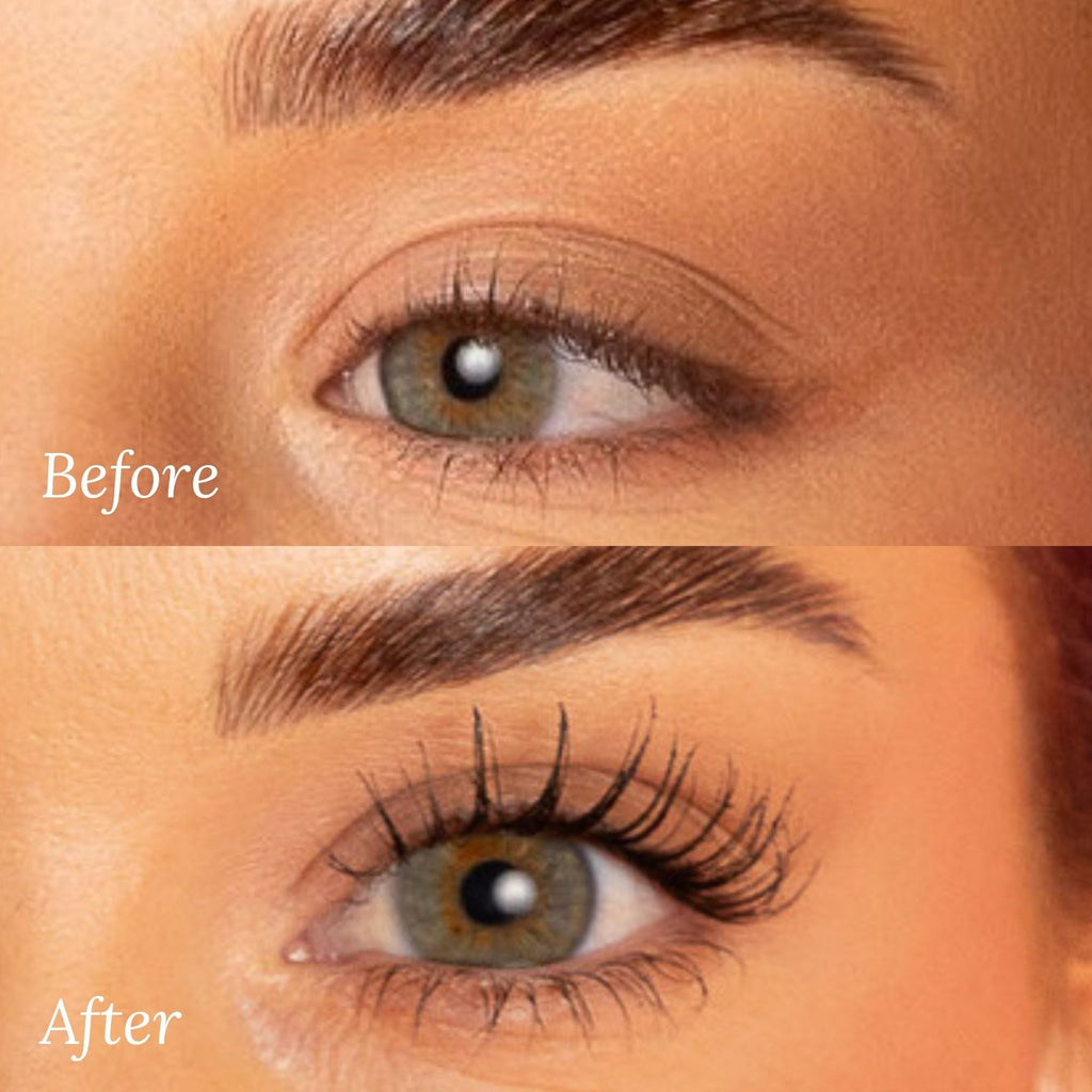 Before and after results using Lash Therapy Australia Everylash serum infused mascara showing longer fuller lashes