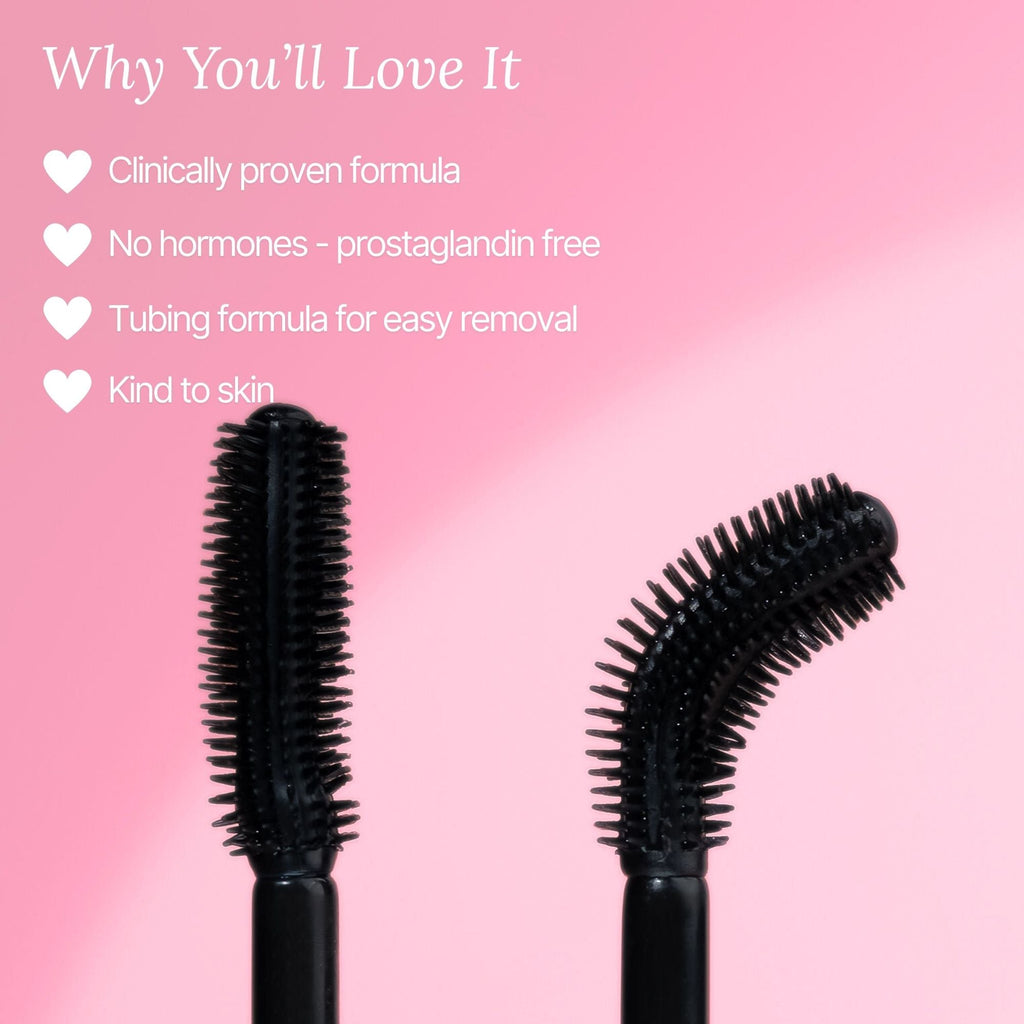 Lash Therapy Australia Everylash serum infused tubing mascara wand showing curved brush and mascara benefits