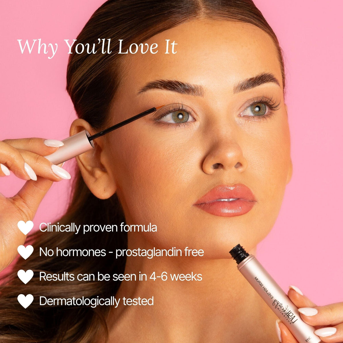 Woman applying Lash Therapy Australia eyelash growth serum with prostaglandin-free clinically tested formula