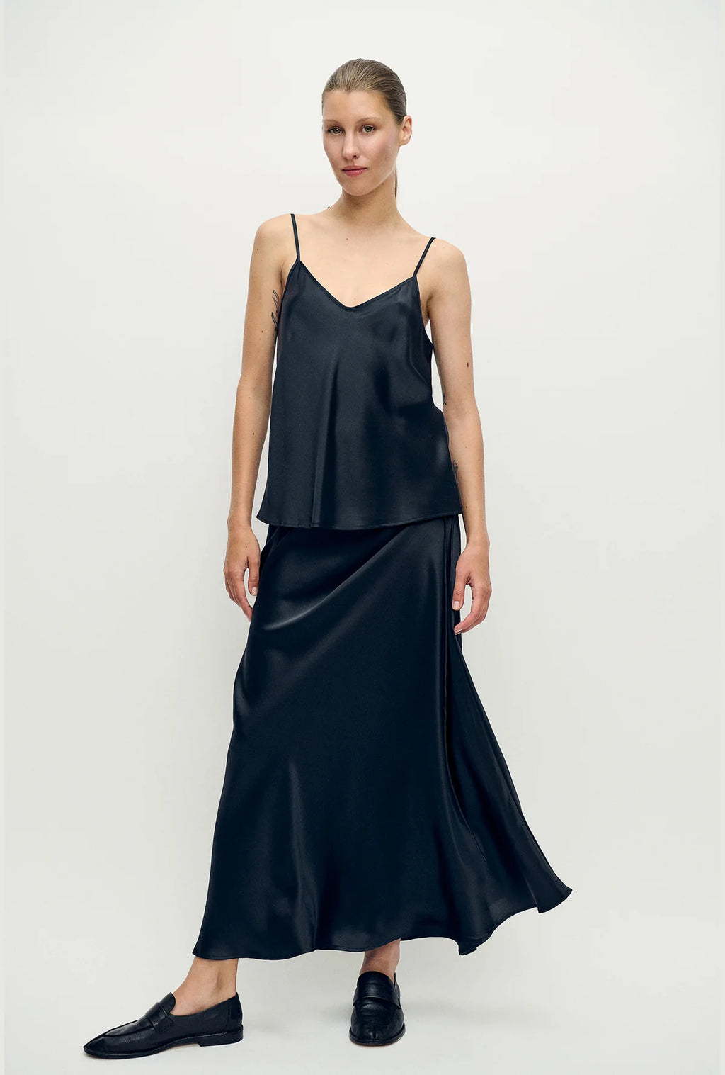 Long Bias Cut Skirt Black Satin