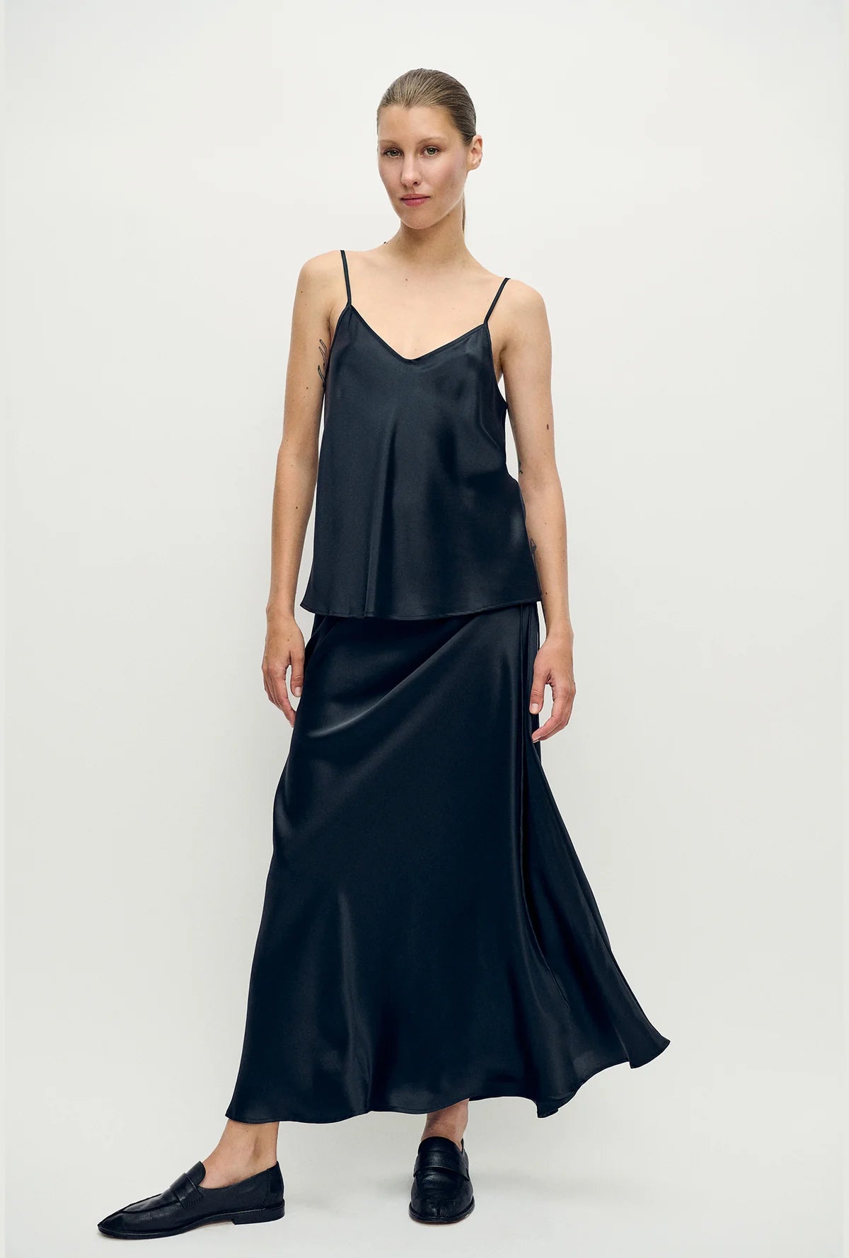 Long Bias Cut Skirt Black Satin