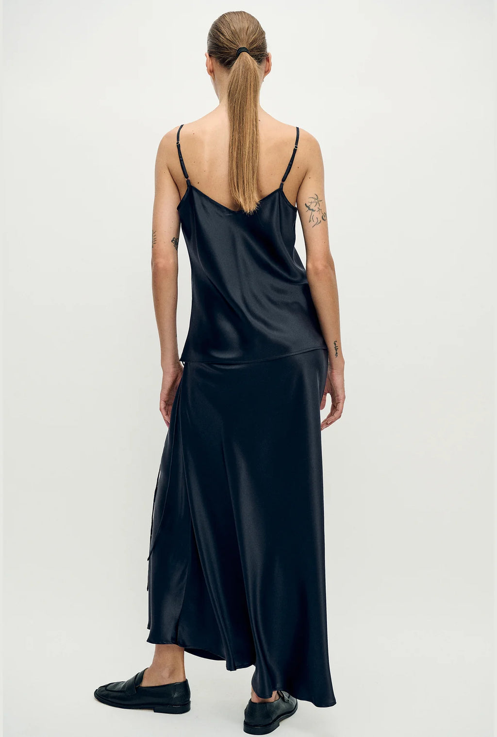 Long Bias Cut Skirt Black Satin
