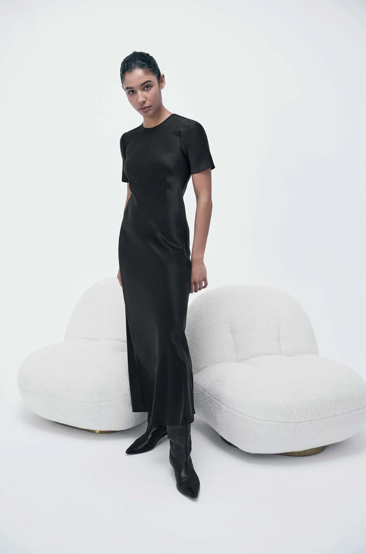 Short Sleeve Bias Dress Black Satin