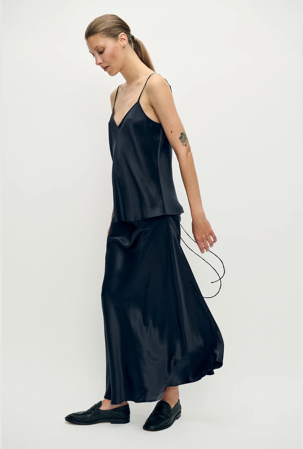 Long Bias Cut Skirt Black Satin