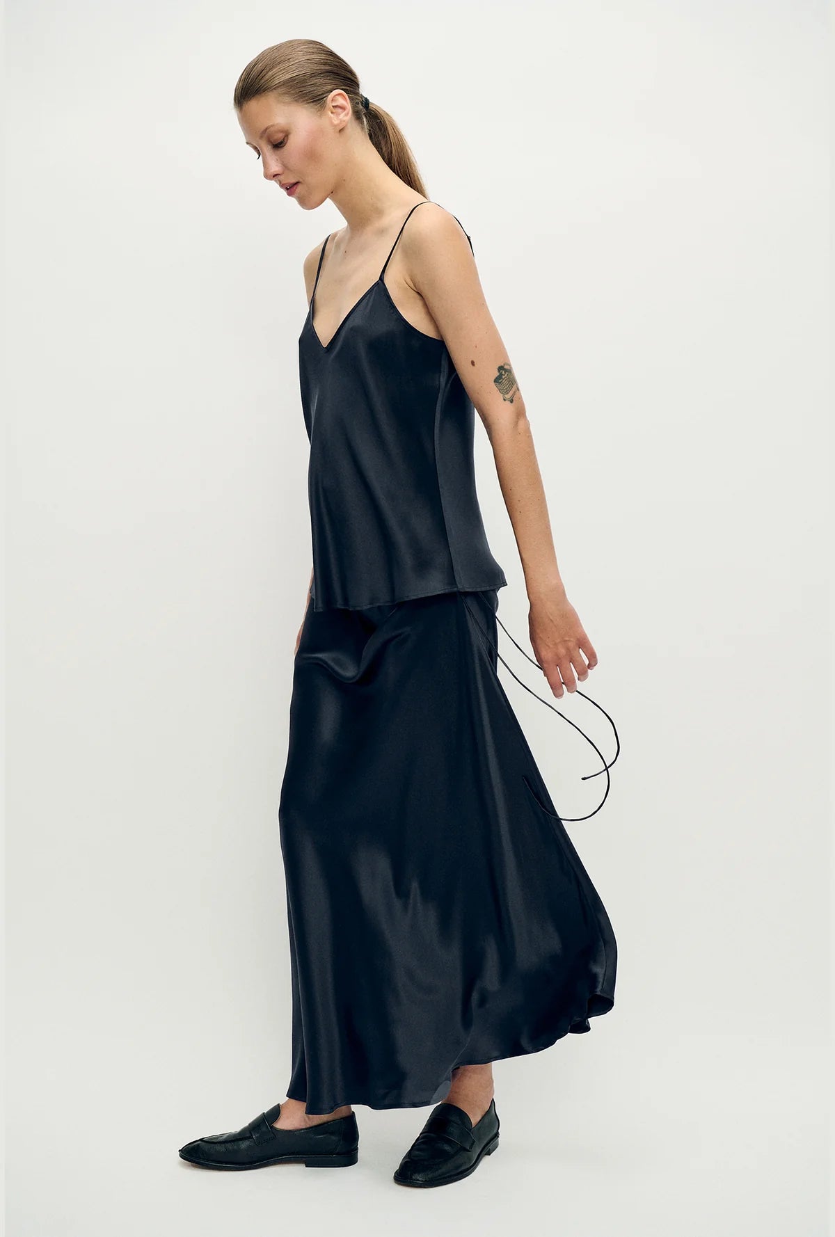 Long Bias Cut Skirt Black Satin