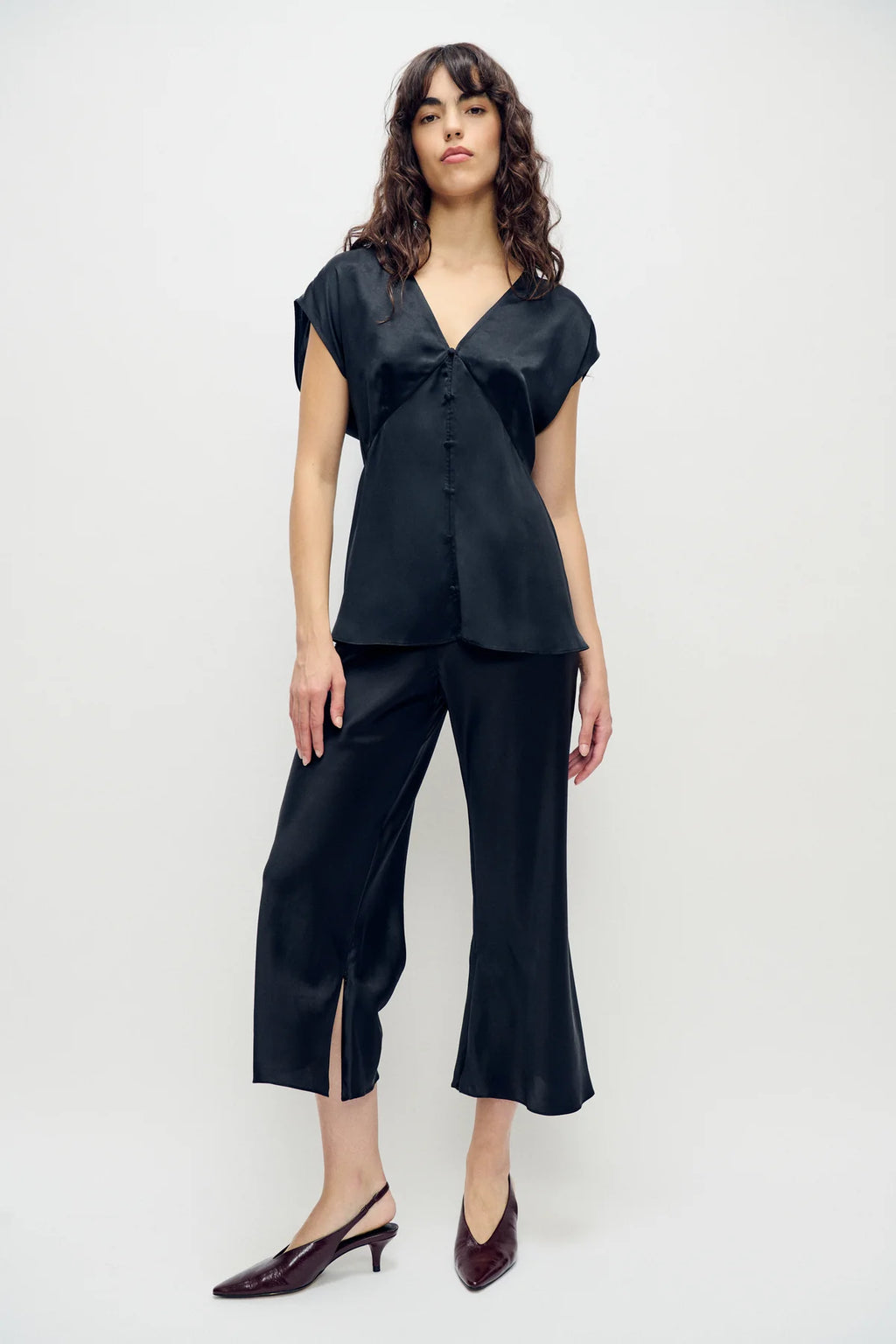 Cropped Bias Cut Pants Black Satin
